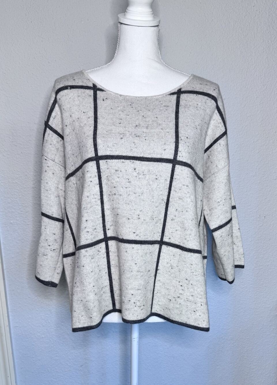 Eileen Fisher Women’s Sz M Window Pane Sweater Grid Check Pattern Boxy Wool